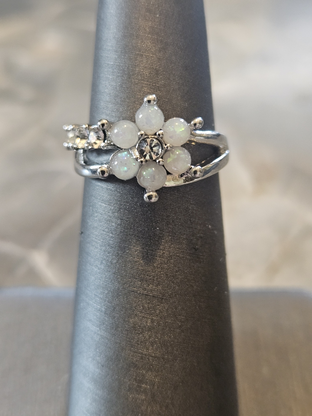 Silver Tone White Opal Floral Ring